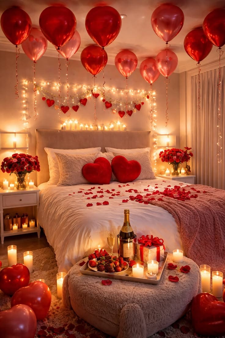 Balloon And Candle Valentine Bedroom Surprise