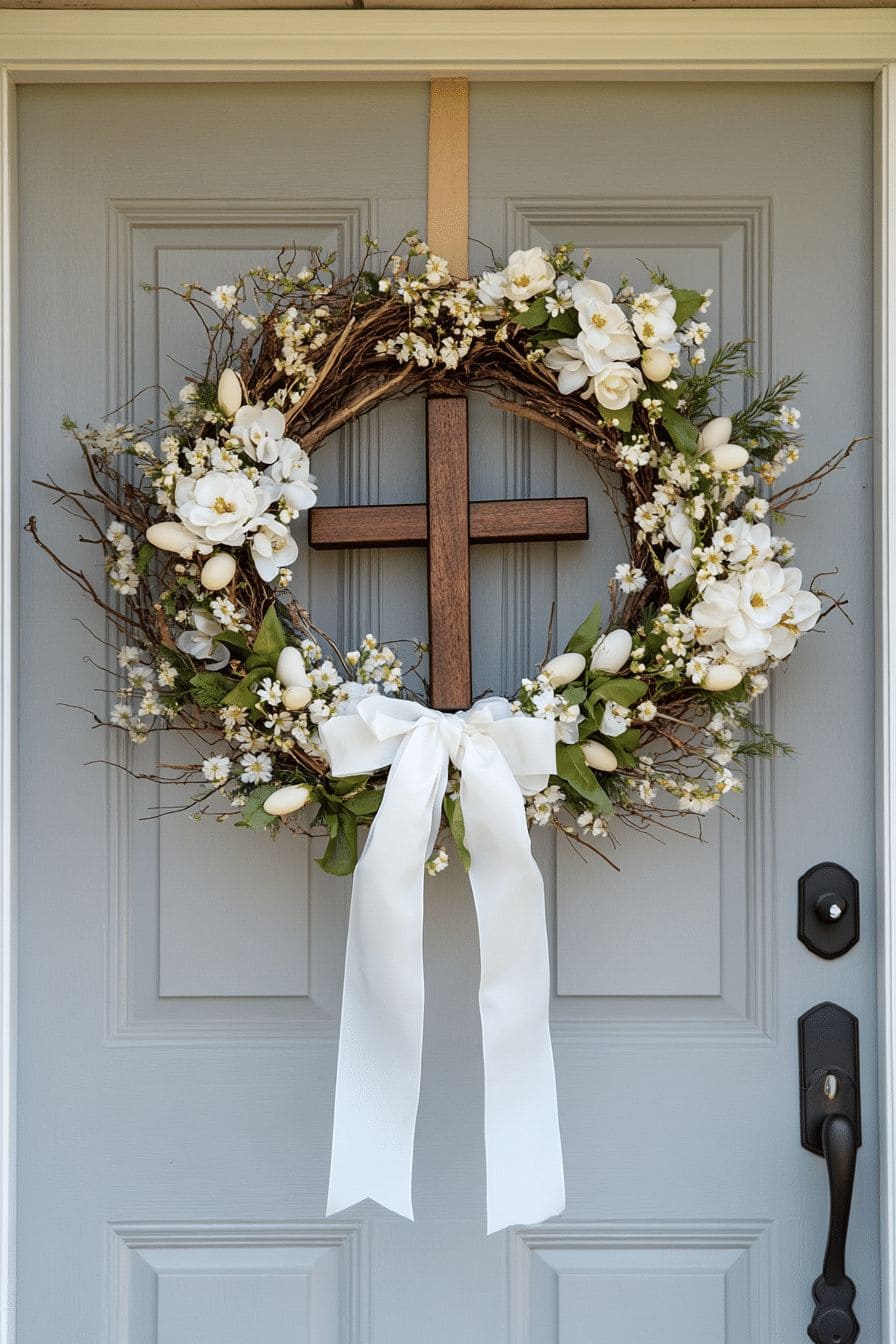 Elegant Easter Door Wreath with Cross Accent