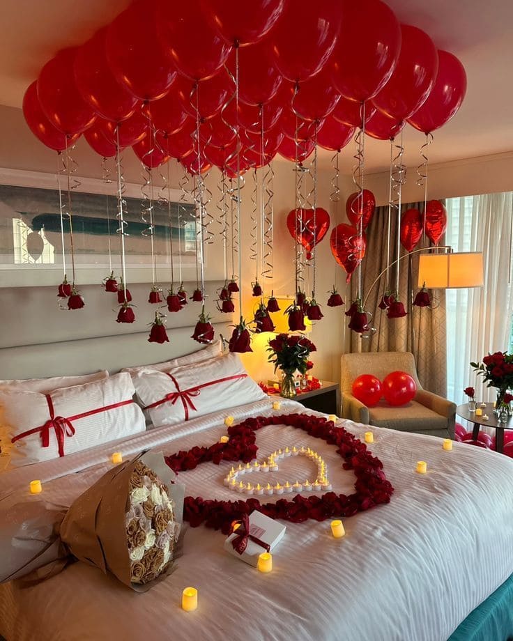 Romantic Balloon And Rose Valentine Bedroom