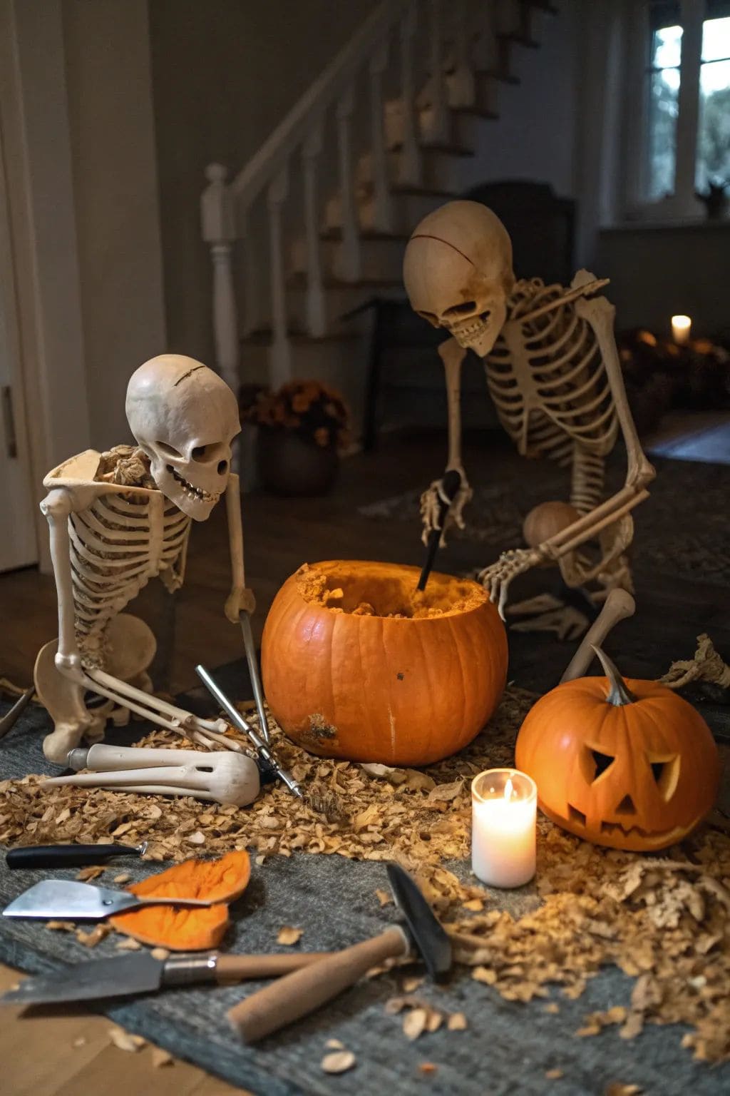 Skeleton Pumpkin Carving Scene