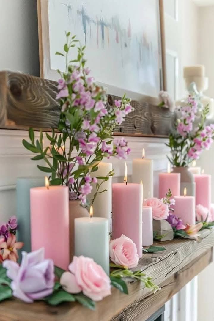 Soft Pastel Candle Mantel Decor