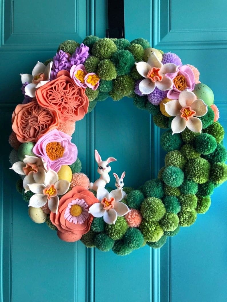 Whimsical Easter Bunny Pom-Pom Wreath